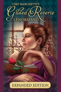Book cover of 'Gilded Reverie Lenormand' with a woman holding a rose and an open book.