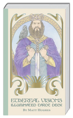 Book cover of 'Ethereal Visions Illuminated Tarot Deck' with a illustrated character holding swords.