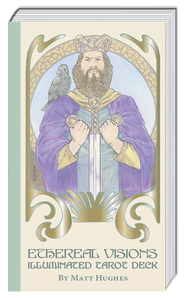 Book cover of 'Ethereal Visions Illuminated Tarot Deck' with a illustrated character holding swords.