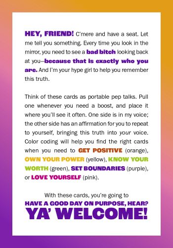 A printed card with a white background and colorful text, featuring affirmational phrases and color-coded keywords on a pink-to-purple gradient backdrop.
