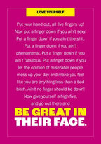 A motivational poster with a bright pink background, featuring a humorous hand gesture exercise and the text 'BE GREAT IN THEIR FACE' in bold yellow and white lettering.