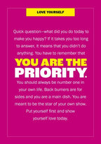 A motivational quote poster with a bright pink background and a white border. The text reads 'LOVE YOURSELF' in a yellow box at the top, followed by white and yellow text that says 'YOU ARE THE PRIORITY.