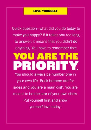 A motivational quote poster with a bright pink background and a white border. The text reads 'LOVE YOURSELF' in a yellow box at the top, followed by white and yellow text that says 'YOU ARE THE PRIORITY.