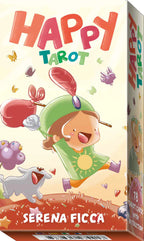 Happy Tarot card game box with colorful design and cartoon character on a beige background
