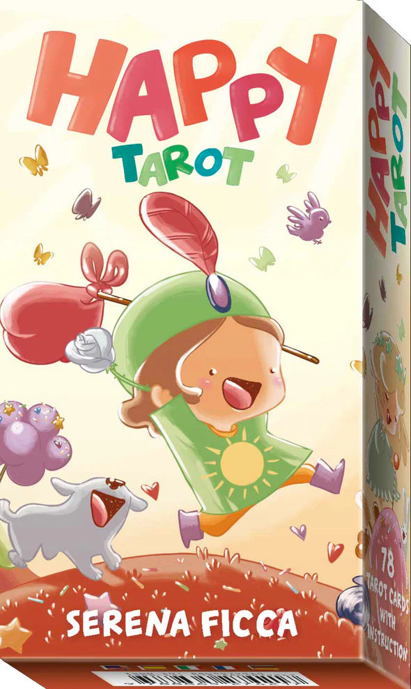 Happy Tarot card game box with colorful design and cartoon character on a beige background