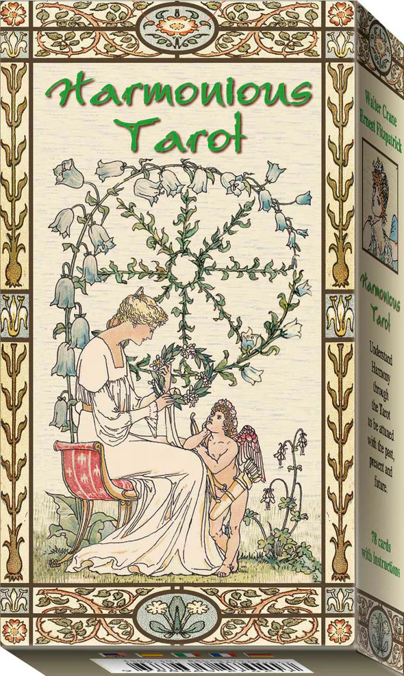 Decorative box for 'Harmonious Tarot' with artistic design and text.