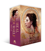 Heal Yourself Oracle book cover with a woman's face and gold text on a white background