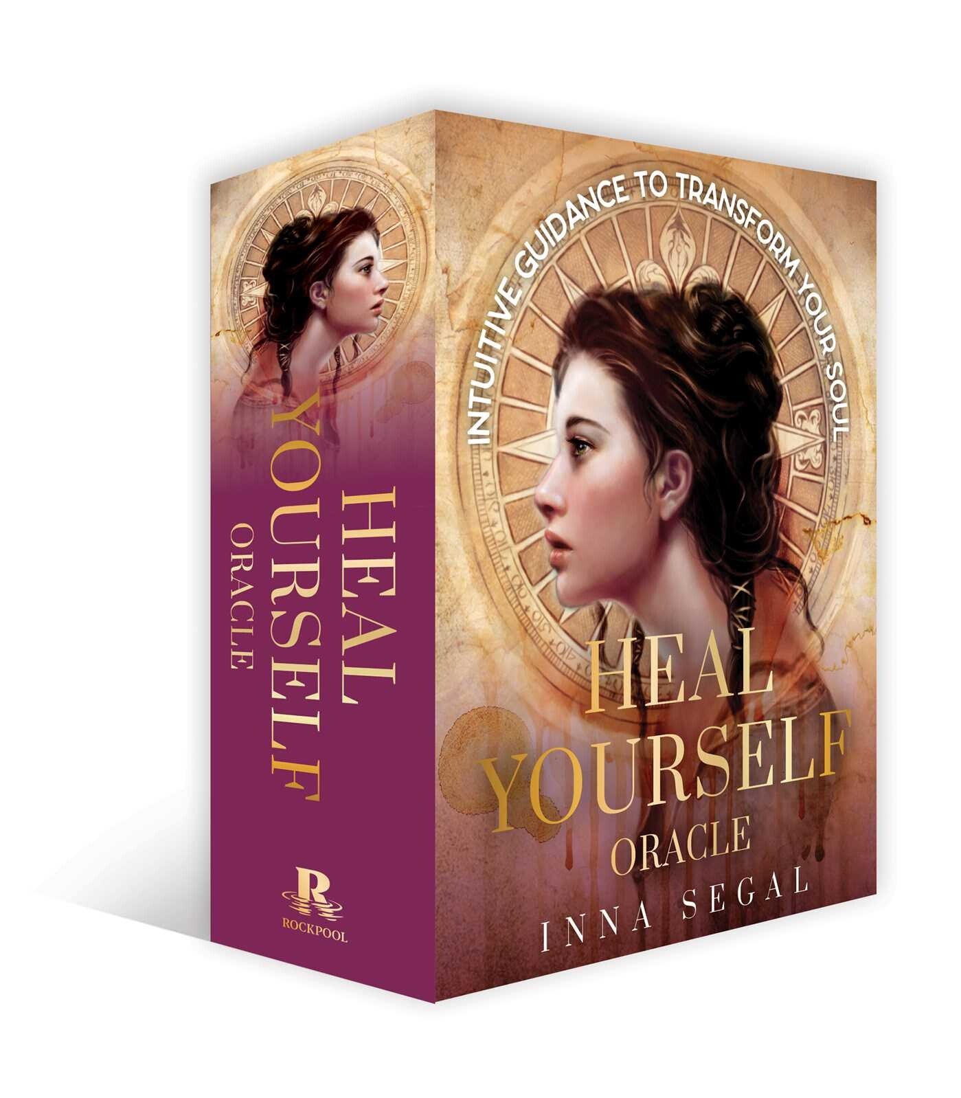 Heal Yourself Oracle book cover with a woman's face and gold text on a white background