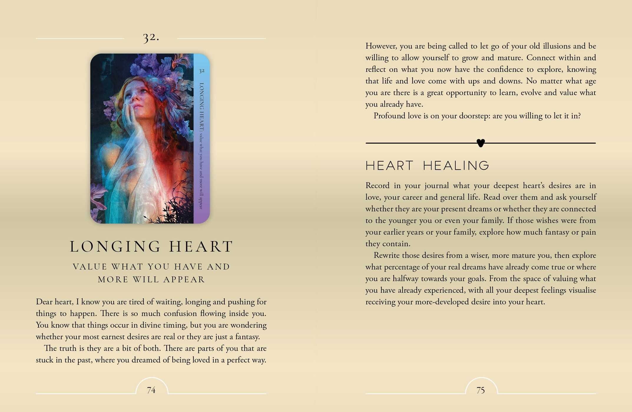 Page from a book or journal with a tarot card titled 'Longing Heart' and text on heart healing.