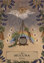 Magical illustration with a pot, rainbow, and eye surrounded by beans and flowers on a beige background.