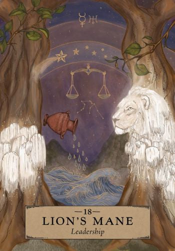 Illustration of a lion with astrological symbols and a tree, featuring the text '18 Lion's Mane: Leadership'.