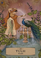 Illustration of a woman by a fountain with a peacock, featuring the name 'Tulsi' and the word 'Wealth'.