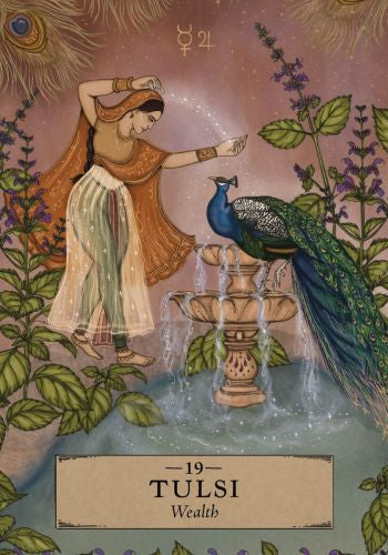 Illustration of a woman by a fountain with a peacock, featuring the name 'Tulsi' and the word 'Wealth'.