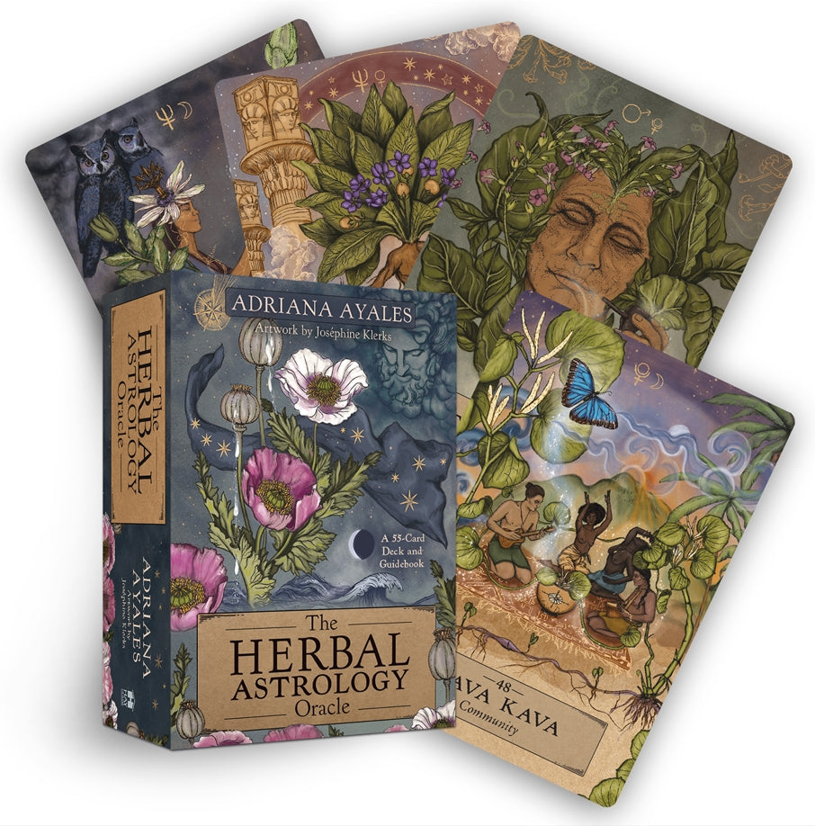 Three card decks from Adriana Ayales' Herbal Astrology Oracle on a white background