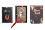 Horror Tarot deck and guidebook set with tarot cards and red ribbon on a white background