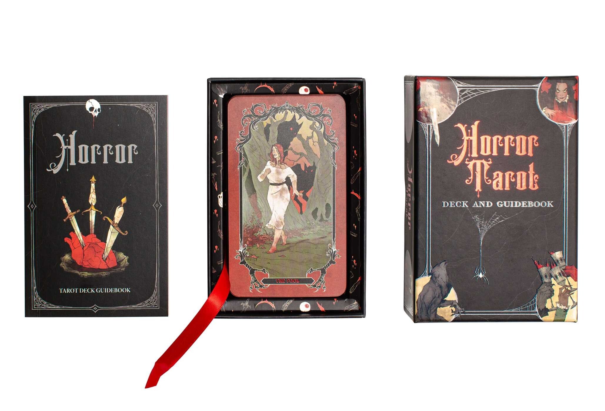 Horror Tarot deck and guidebook set with tarot cards and red ribbon on a white background