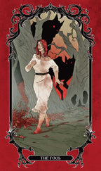 Illustration of a tarot card titled 'The Fool' with a woman in a white dress against a dark background.