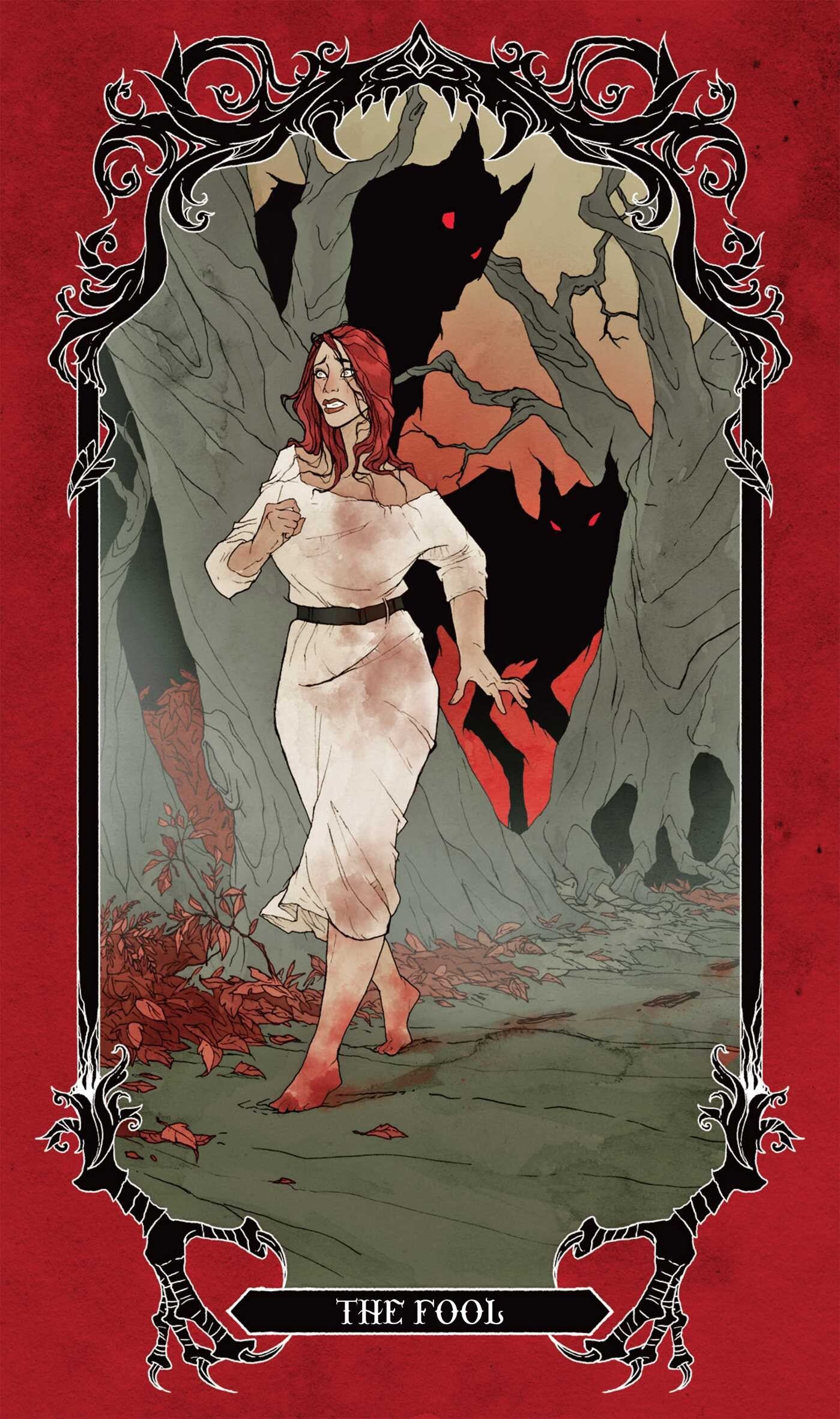 Illustration of a tarot card titled 'The Fool' with a woman in a white dress against a dark background.