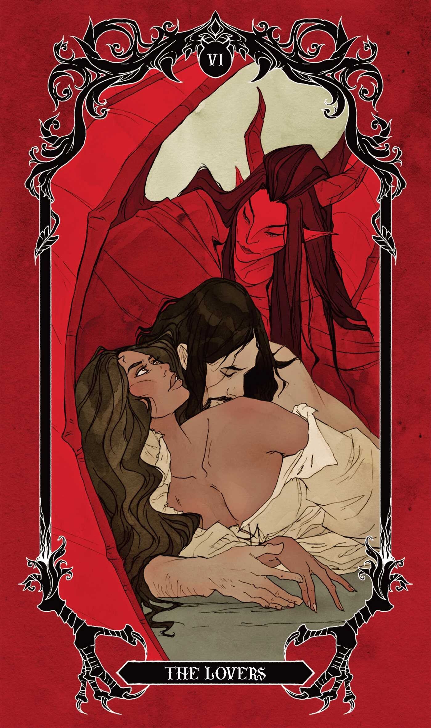 Illustration of 'The Lovers' card from a tarot deck with two people embracing on a red background.