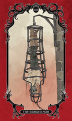 Tarot card featuring 'The Hanged Man' with a red border and ornate design.