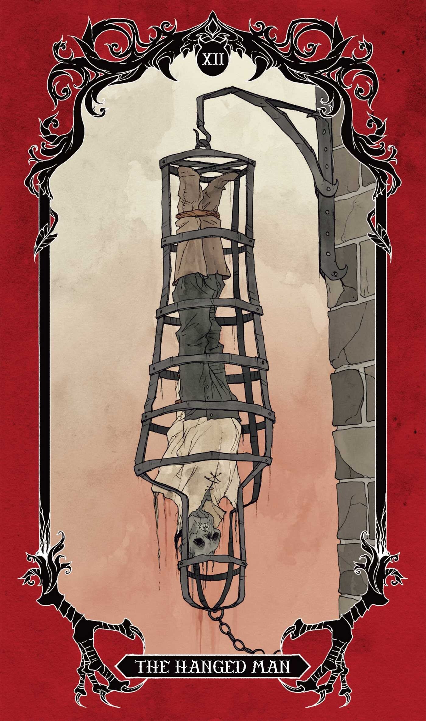 Tarot card featuring 'The Hanged Man' with a red border and ornate design.