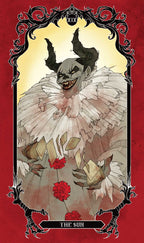 Illustration of a tarot card character with horns and a red background