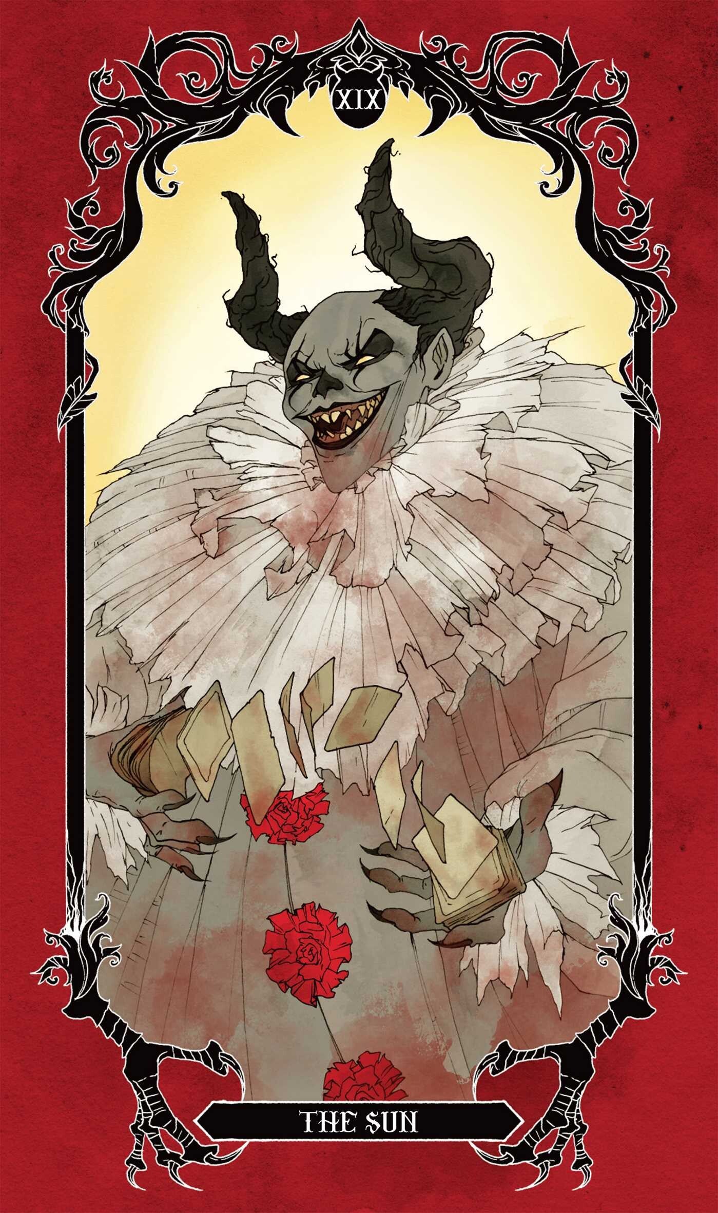 Illustration of a tarot card character with horns and a red background