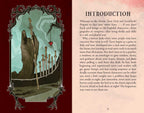 Introduction page of a horror tarot deck with an illustration of a hooded figure and a red heart.