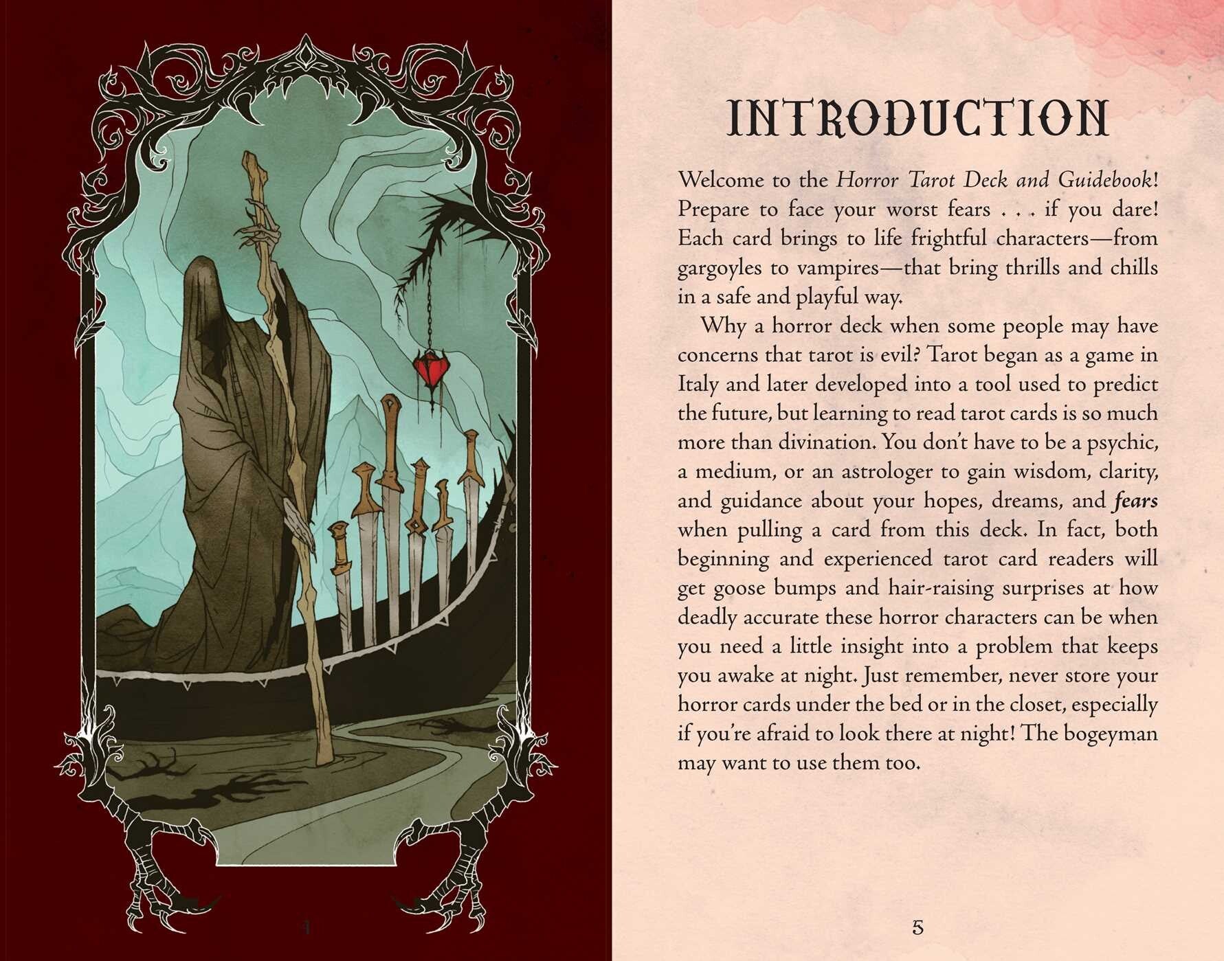 Introduction page of a horror tarot deck with an illustration of a hooded figure and a red heart.