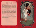 Card from a tarot deck with an illustration of a woman in a dark forest and descriptive text on a red background.