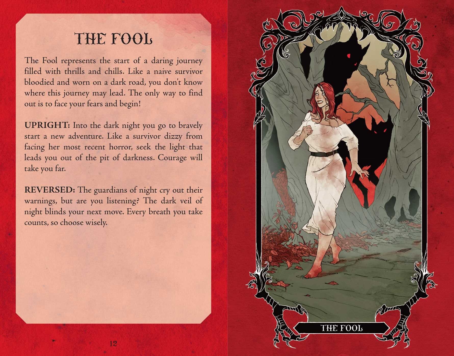 Card from a tarot deck with an illustration of a woman in a dark forest and descriptive text on a red background.