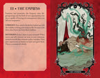 Card from a tarot deck titled 'The Empress' with text and illustration on a red background.