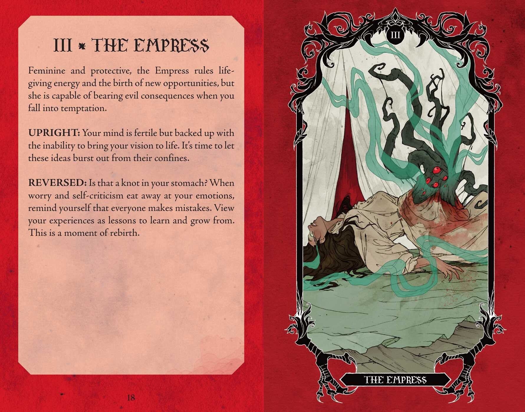 Card from a tarot deck titled 'The Empress' with text and illustration on a red background.