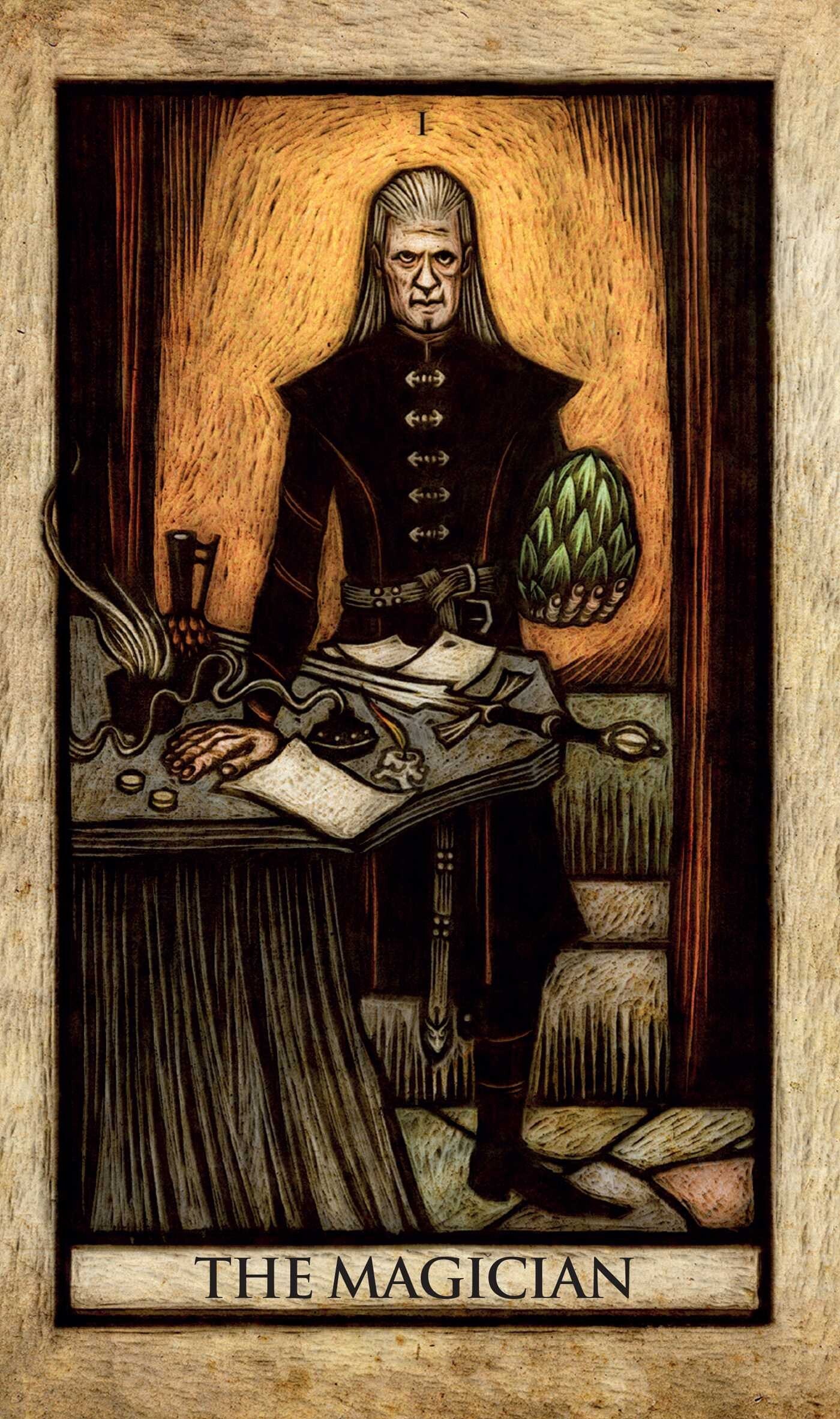 Tarot card featuring 'The Magician' with a central figure holding a wheel, set against a wooden frame.