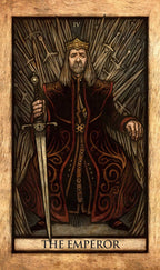 Tarot card featuring 'The Emperor' with a robed figure holding a sword.