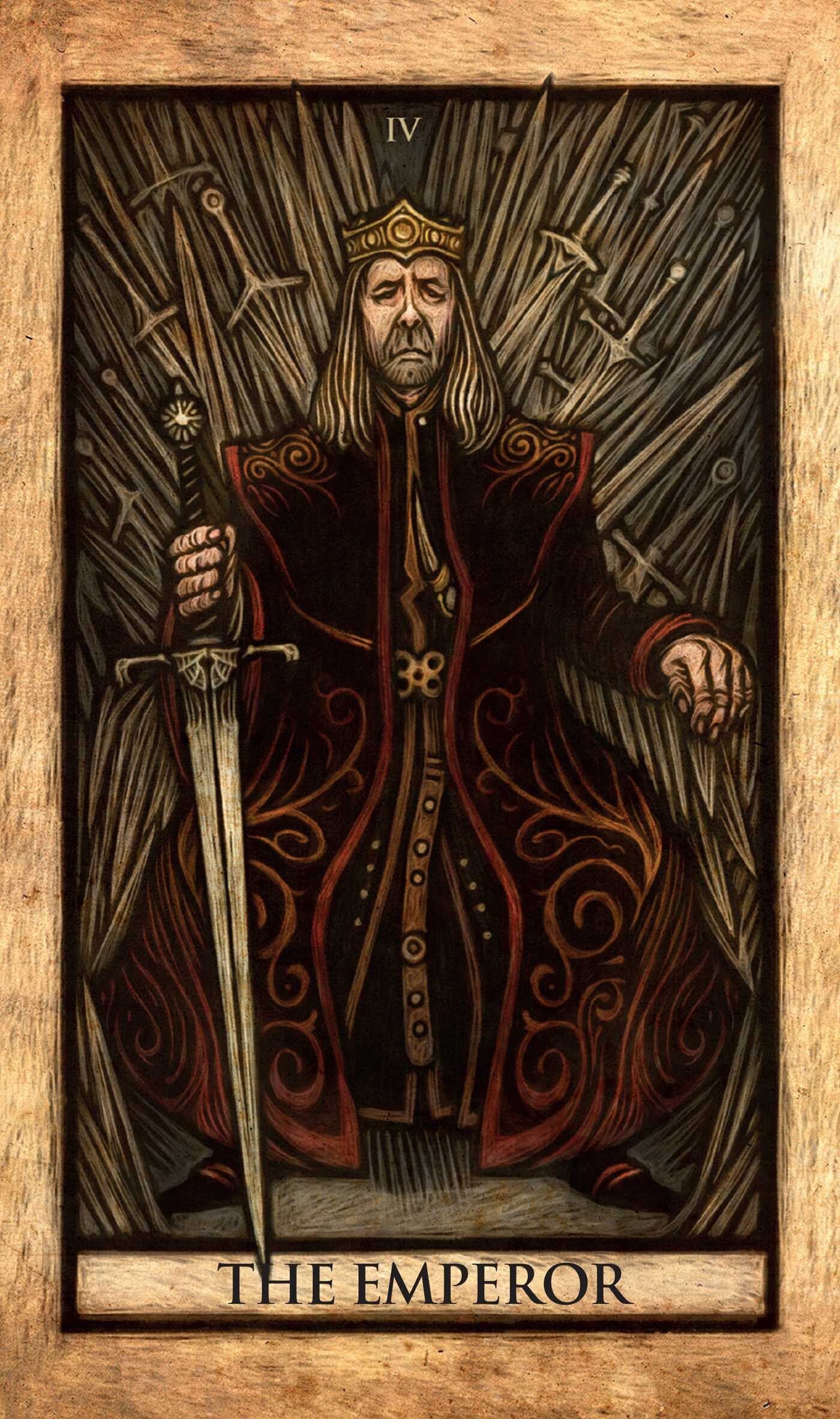 Tarot card featuring 'The Emperor' with a robed figure holding a sword.