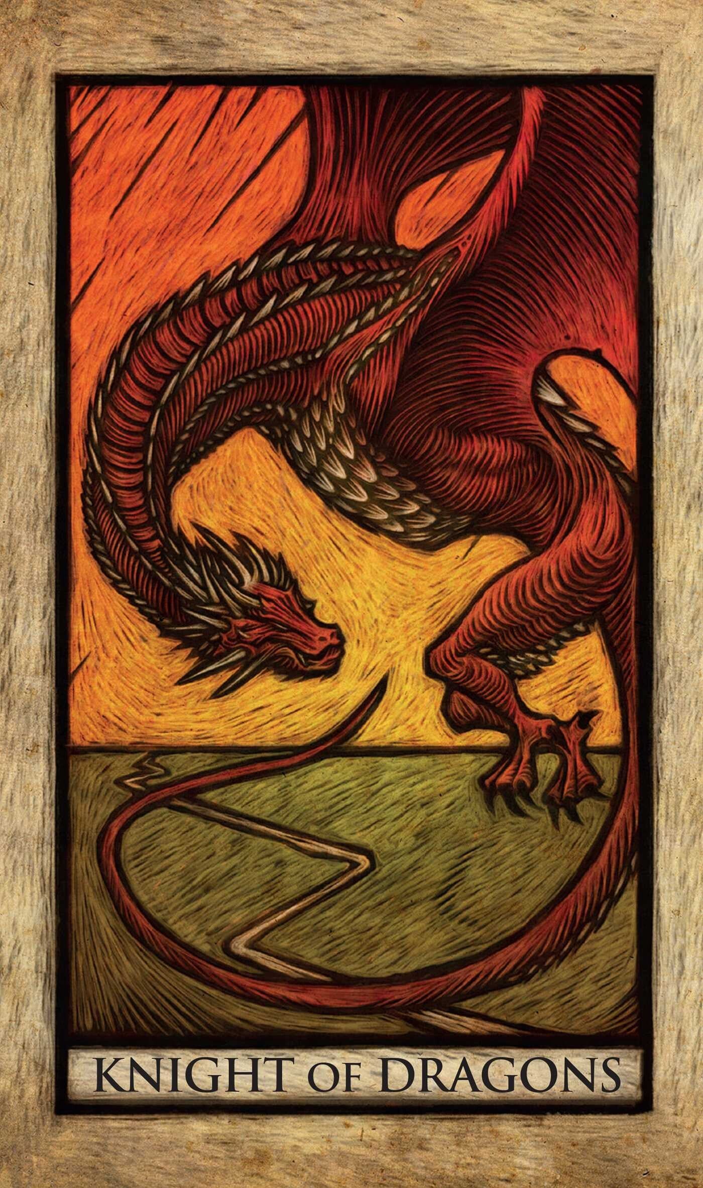 Woodcut-style illustration of a dragon with a warm color palette, framed with a wooden border.