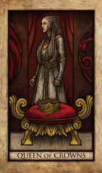 Artistic depiction of a character titled 'Queen of Crowns' with a regal pose.