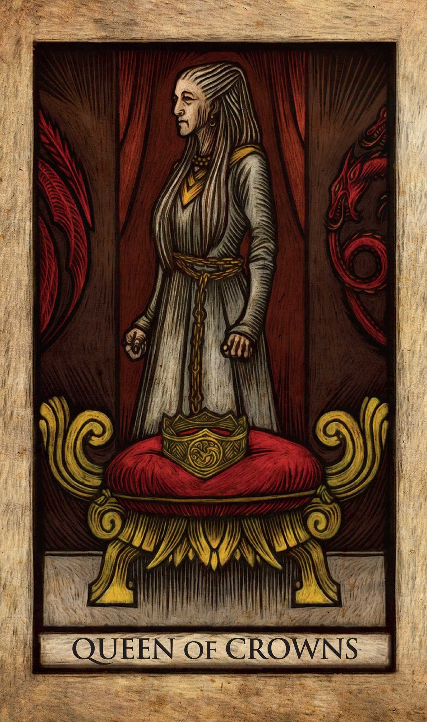 Artistic depiction of a character titled 'Queen of Crowns' with a regal pose.