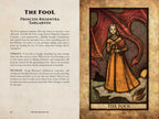 Tarot card illustration of 'The Fool' with text on a wooden background