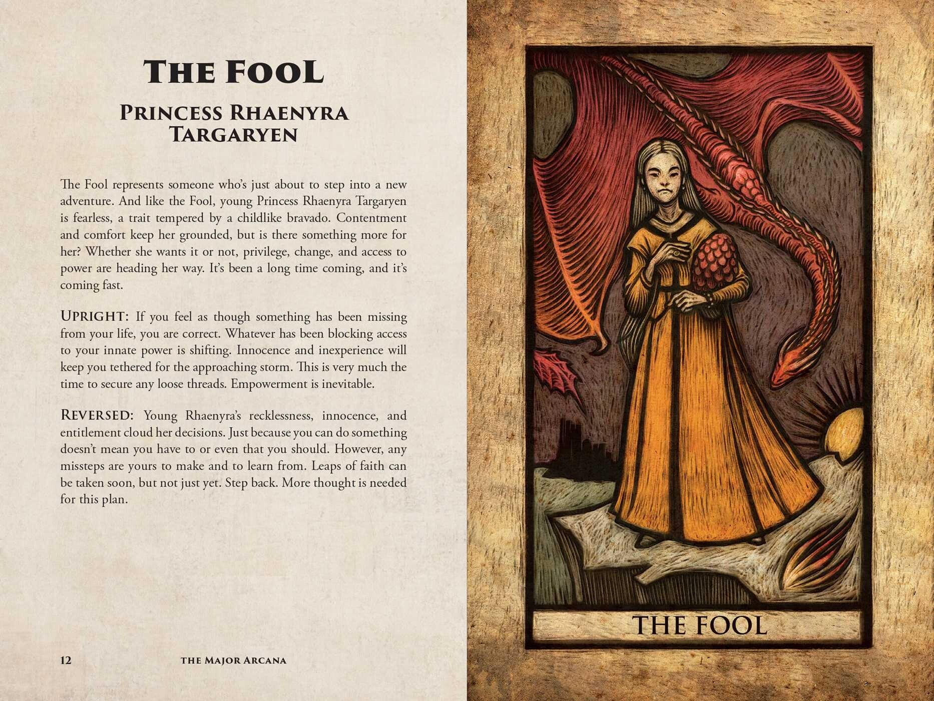 Tarot card illustration of 'The Fool' with text on a wooden background