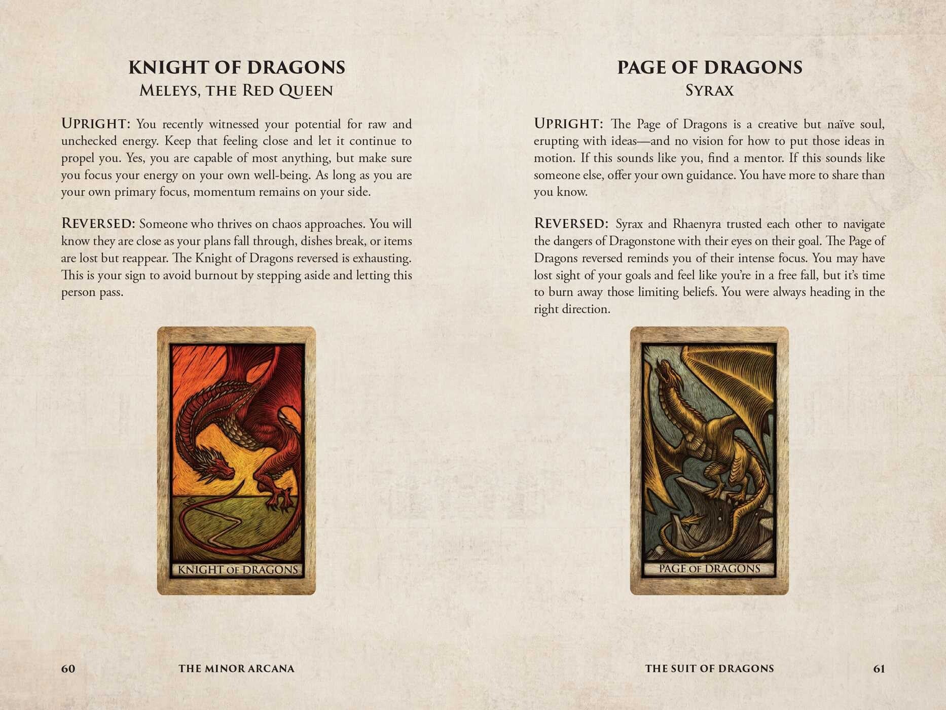 Two tarot cards from 'Knight of Dragons' and 'Page of Dragons' with descriptions on a beige background.