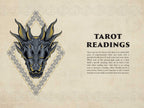 Decorative card with a dragon illustration and text about tarot readings on a beige background.