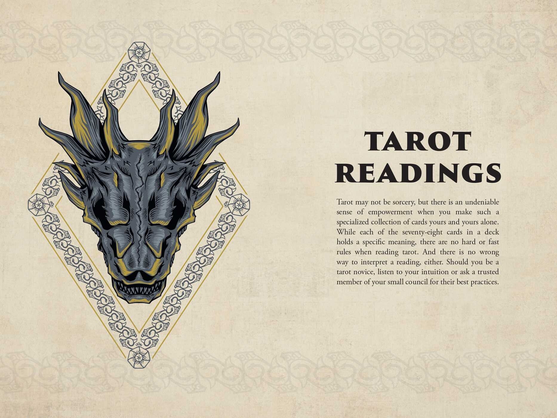 Decorative card with a dragon illustration and text about tarot readings on a beige background.