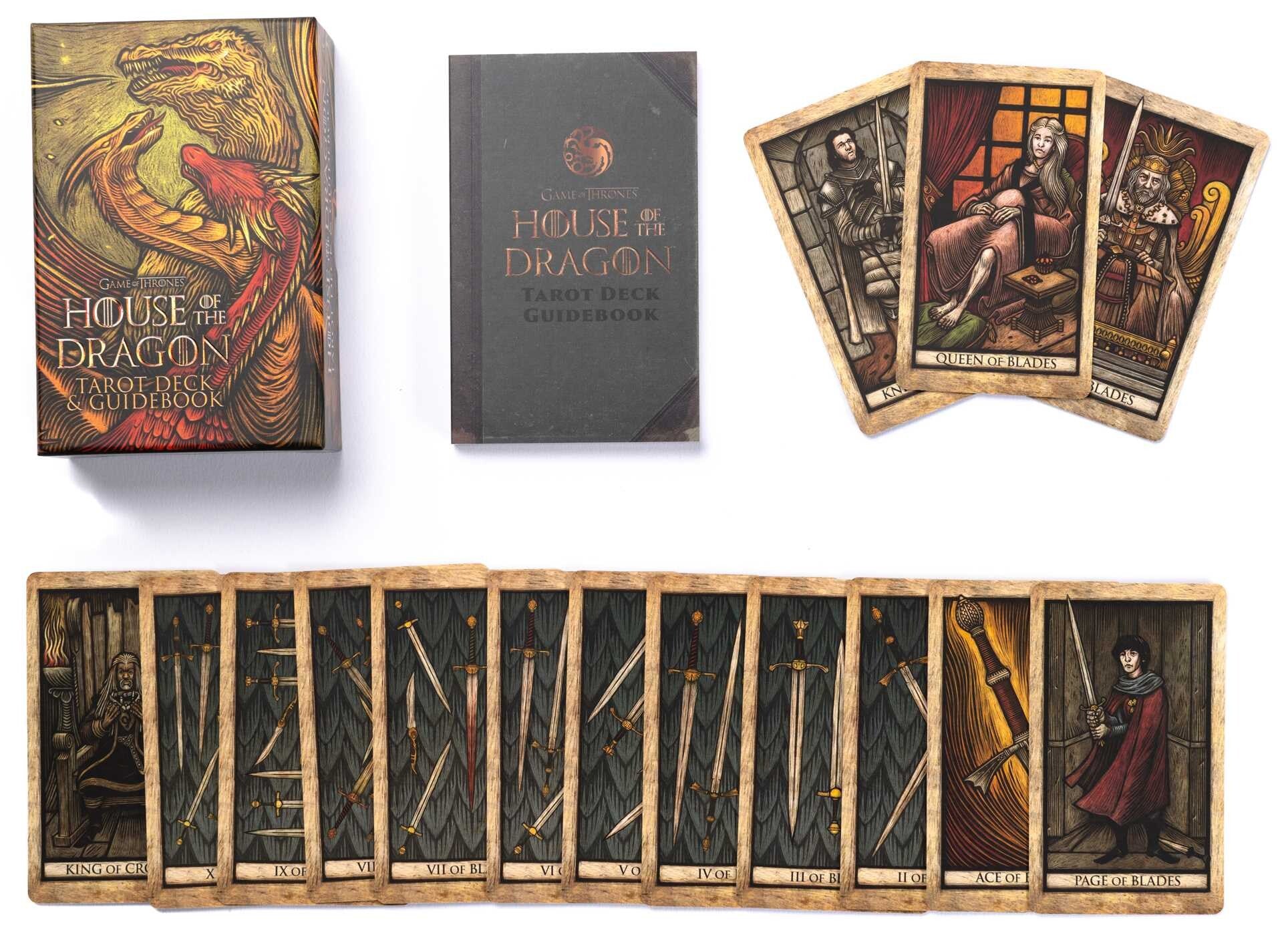 House of the Dragon tarot deck with box, cards, and guidebook on a white background