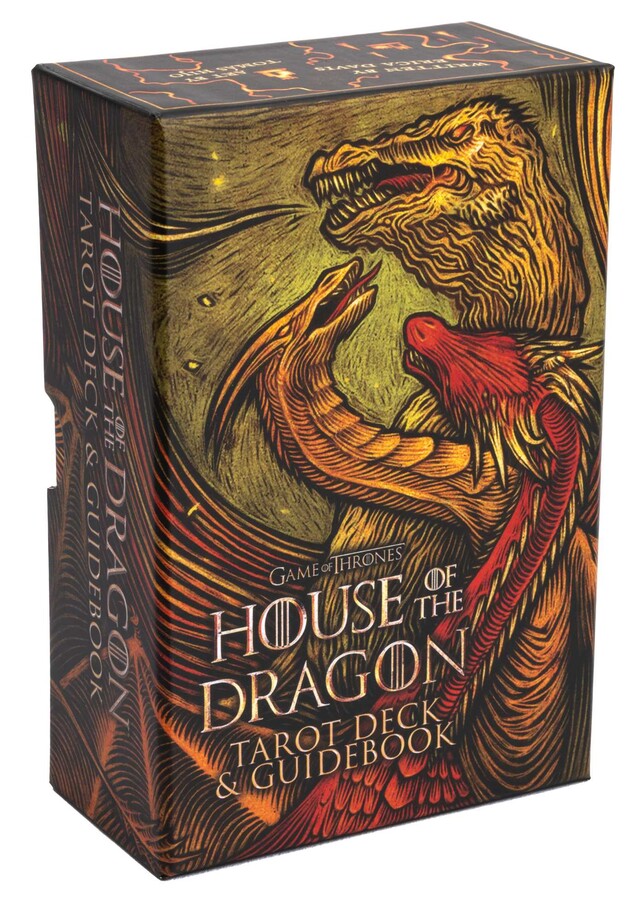 Box for 'House of the Dragon' tarot deck with dragons on a white background