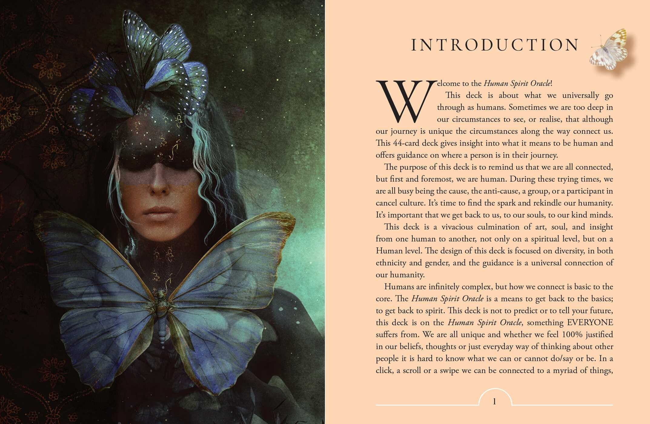 Book open to an introduction page with a cover illustration of a person with butterfly wings.