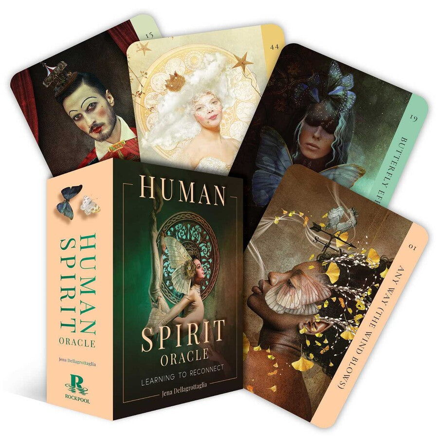 Collection of Spirit Oracle cards with a box labeled 'Human Spirit Oracle' on a white background.