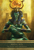 Illustration of a divine figure with a solar symbol, sitting on a throne with 'Rising Sun' text.