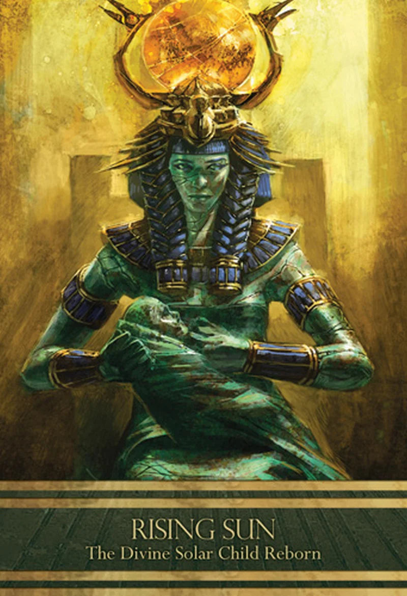 Illustration of a divine figure with a solar symbol, sitting on a throne with 'Rising Sun' text.